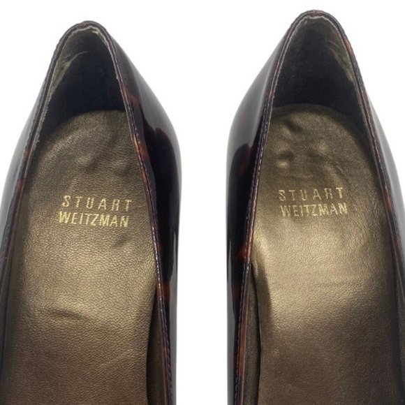 Stuart Weitzman Tortoise Pattern Patent Leather Open Toe Stiletto Pump Size 7.5 - Picture 9 of 10